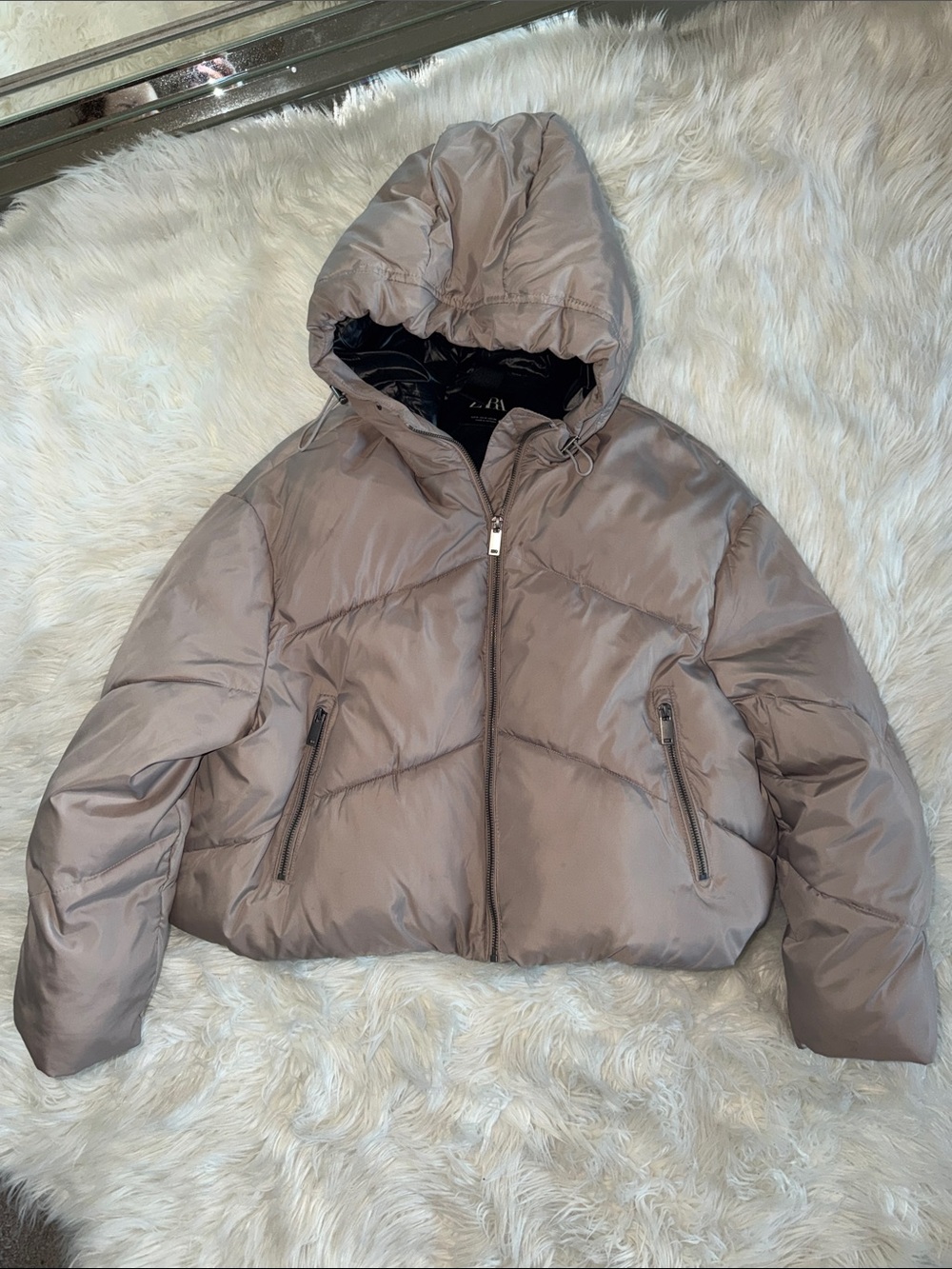 Zara Taupe Hooded Puffer Bomber Jacket